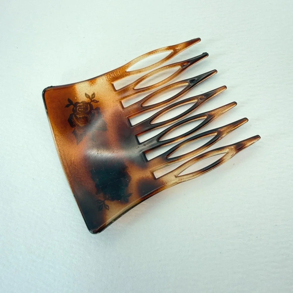 Vintage France Hair Side Comb Gold Rose Floral Accessory